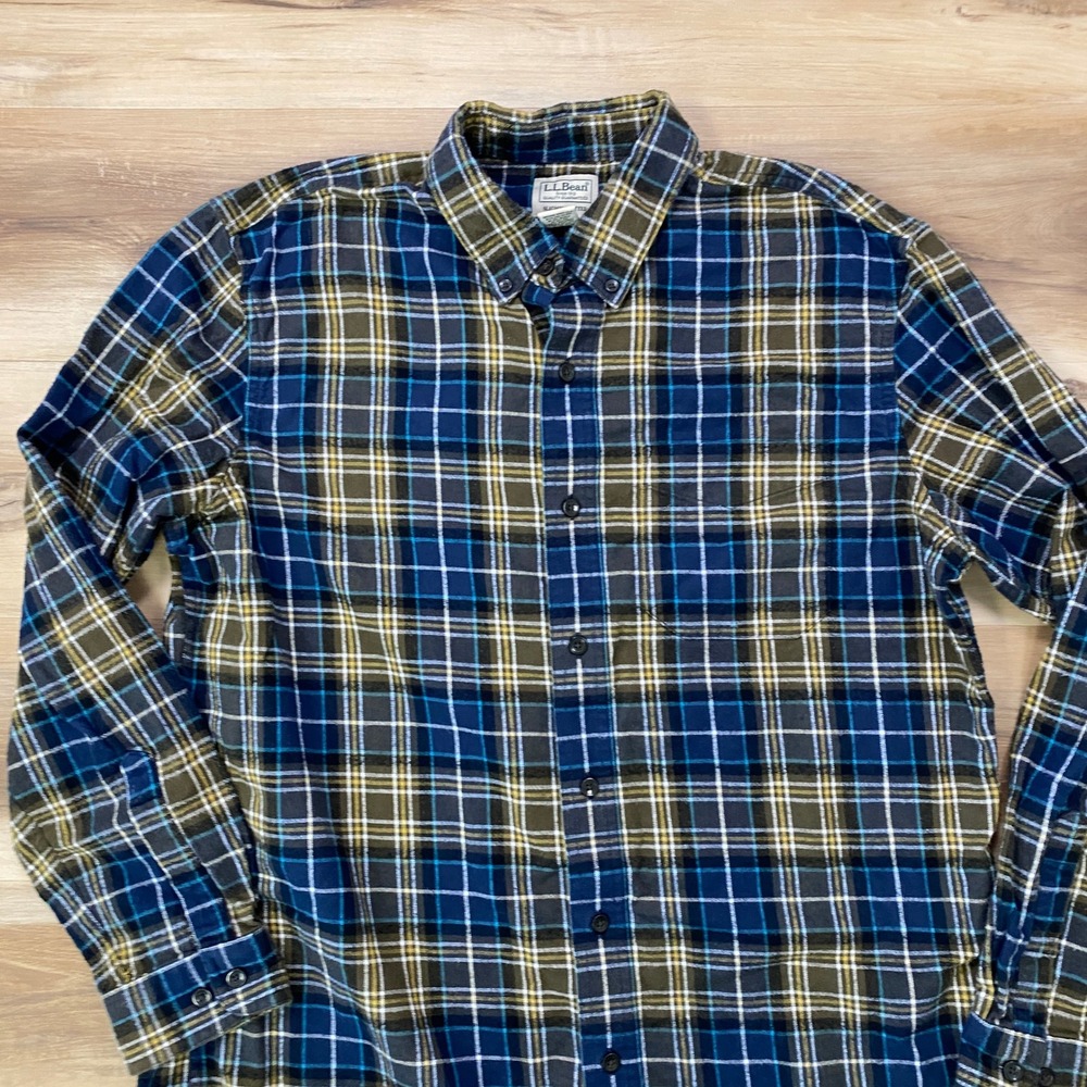 LL Bean Flannel Shirt Large L-Reg Scotch Plaid Cotton Slightly Fitted Blue Green - Picture 4 of 7